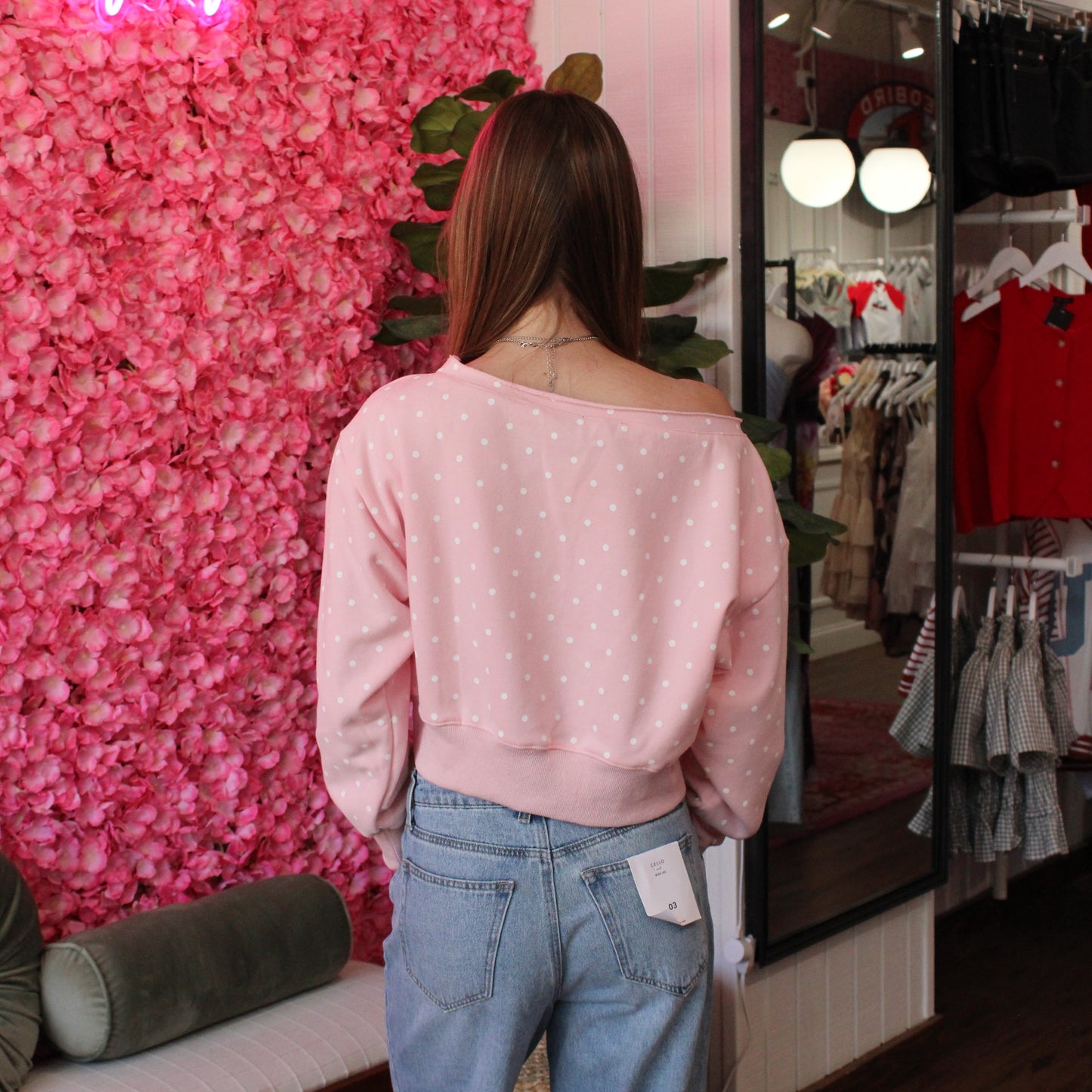 Cleo Polka Dot Off The Shoulder Sweatshirt