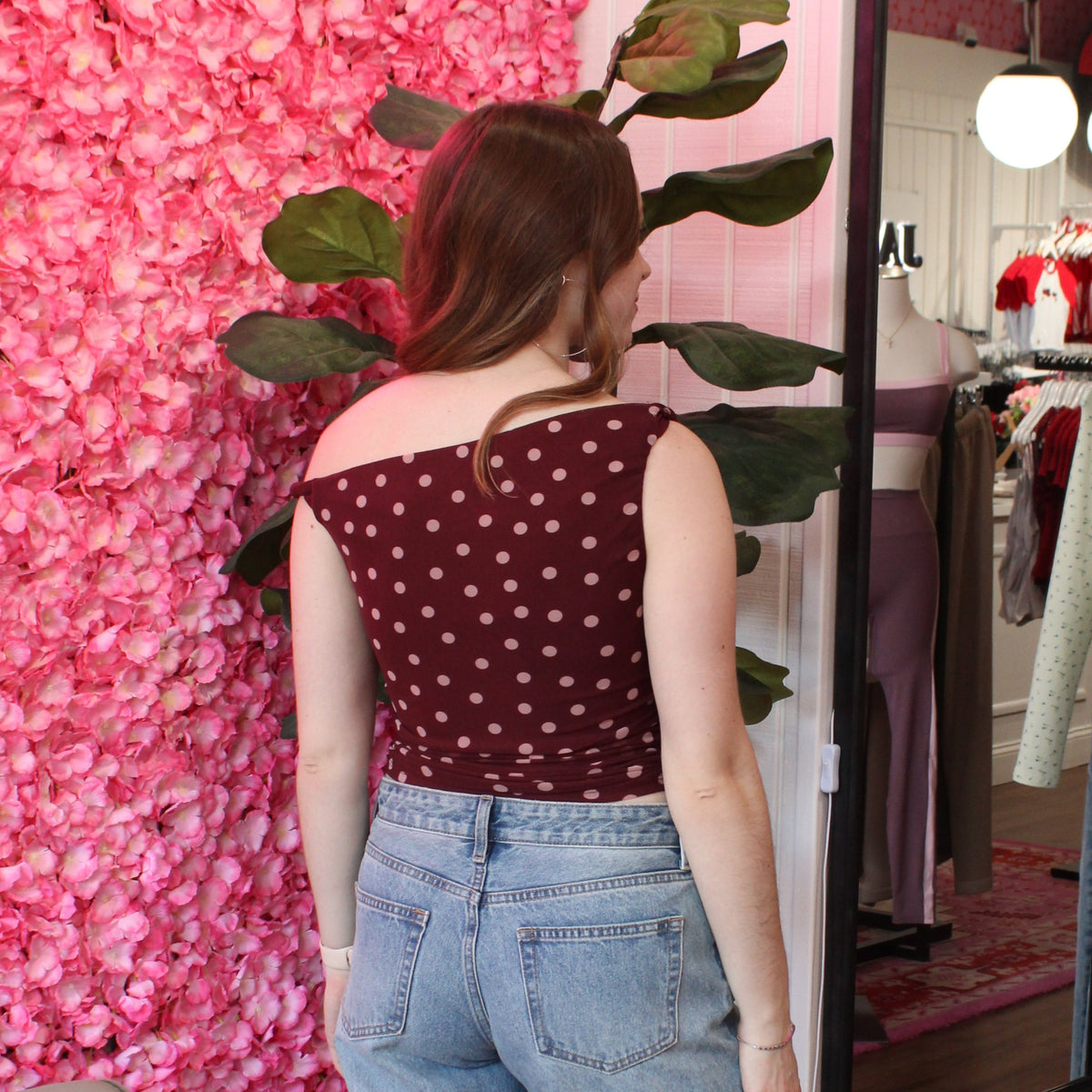Avi Polka Dot Asymmetrical Mesh Top
