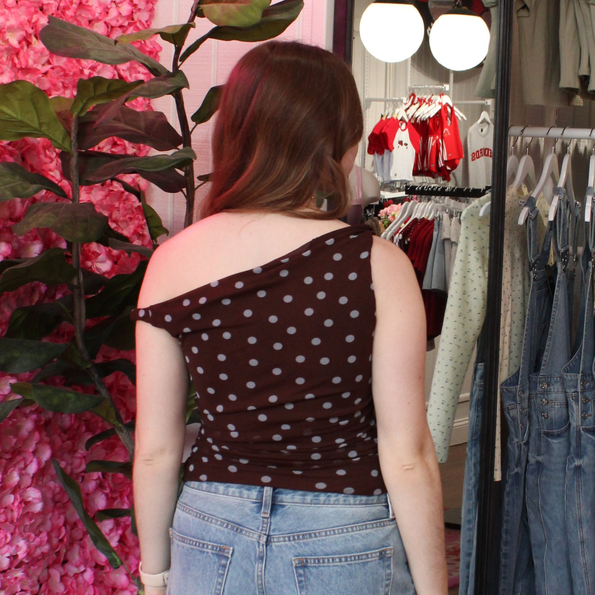 Avi Polka Dot Asymmetrical Mesh Top