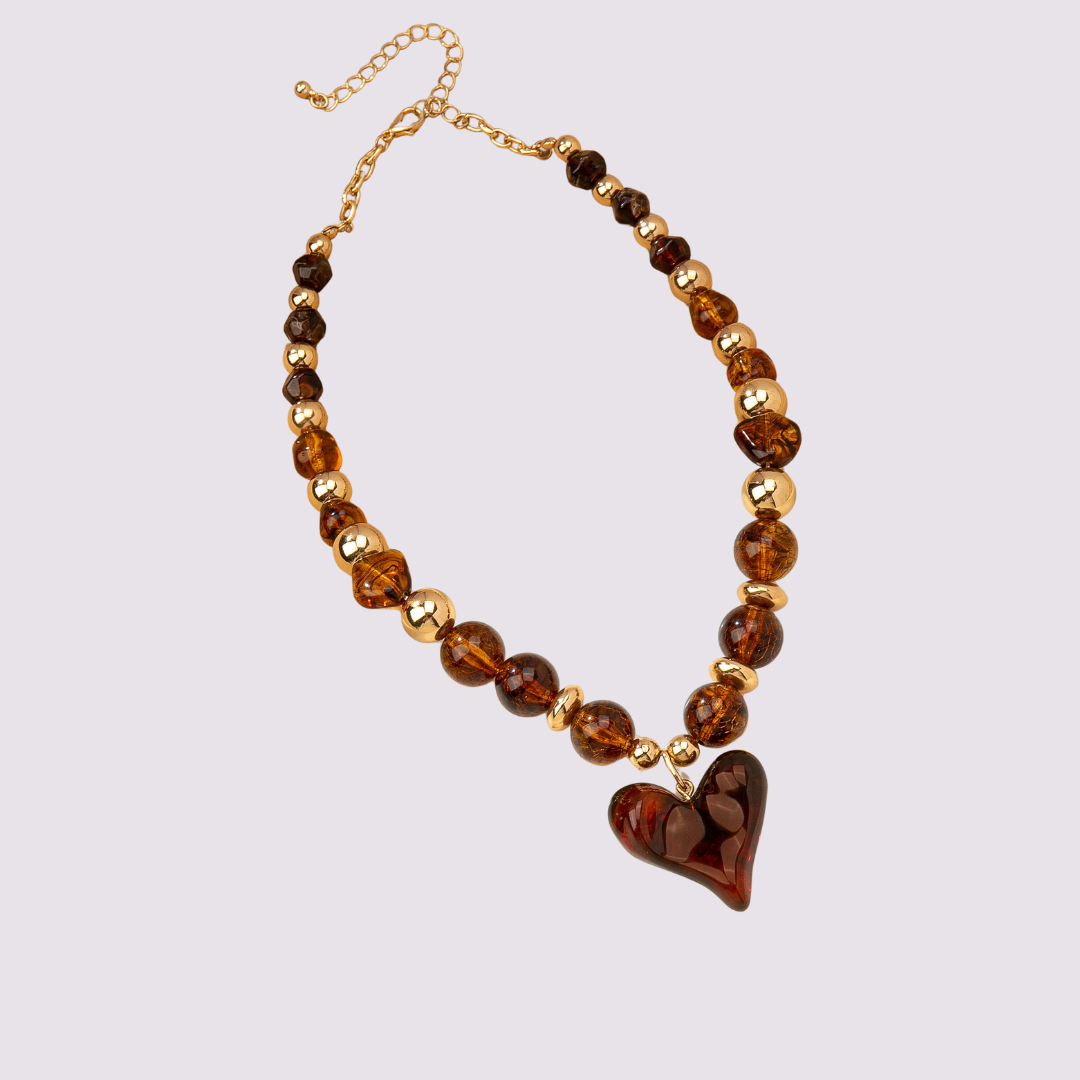 Chunky Beaded Heart Charm Necklace