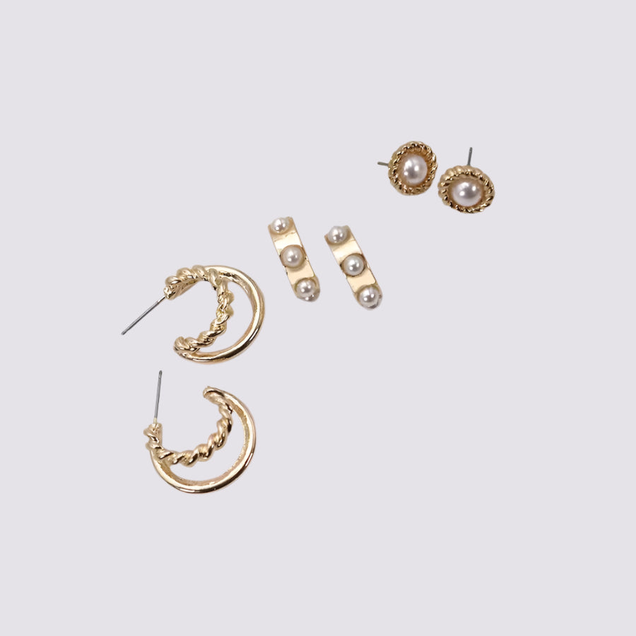 Pearl Hoop Stud Trio Earrings