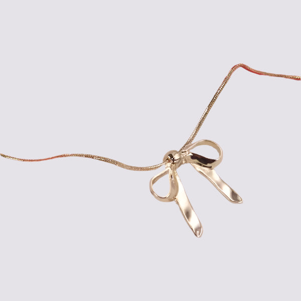 Gold Long Bow Ribbon Necklace