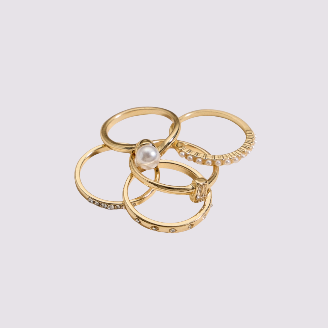 Gold Pearl and Crystal Ring Set