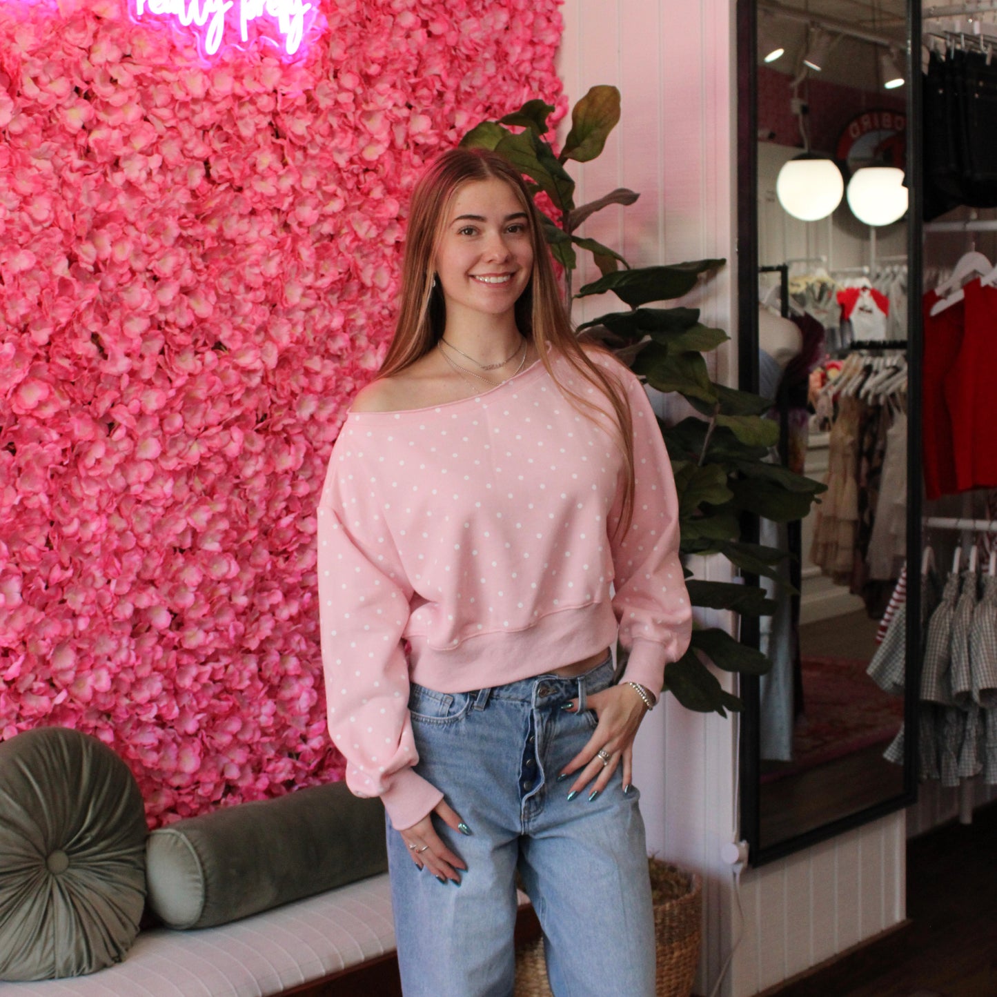 Cleo Polka Dot Off The Shoulder Sweatshirt