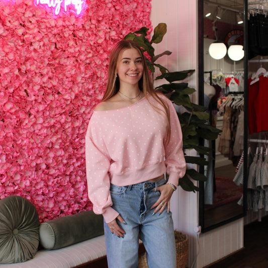 Cleo Polka Dot Off The Shoulder Sweatshirt