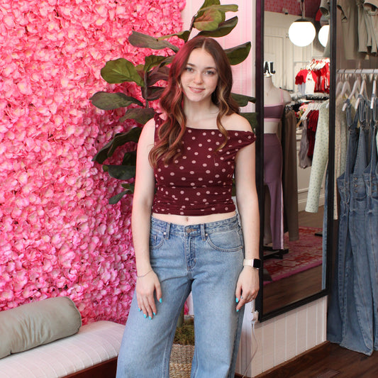 Avi Polka Dot Asymmetrical Mesh Top