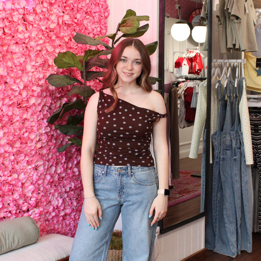 Avi Polka Dot Asymmetrical Mesh Top