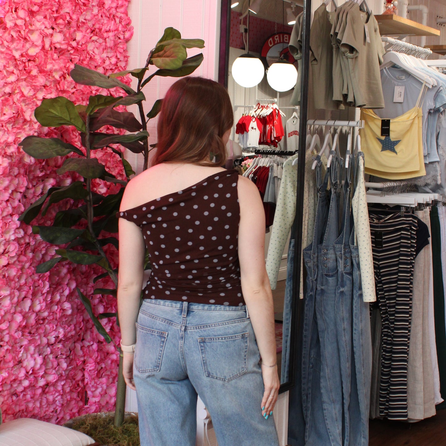 Avi Polka Dot Asymmetrical Mesh Top