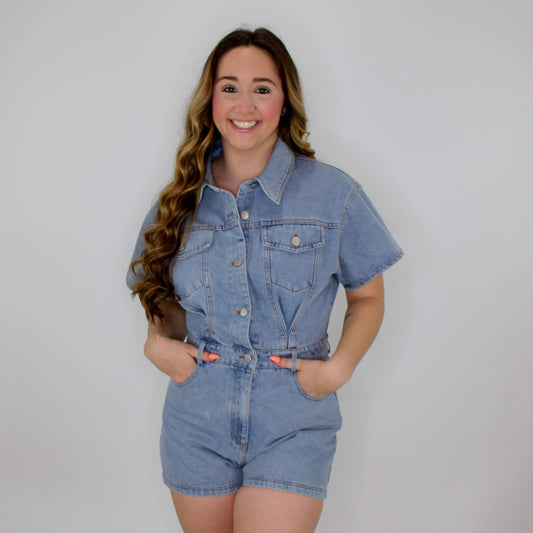 Here For A Good Time Denim Romper