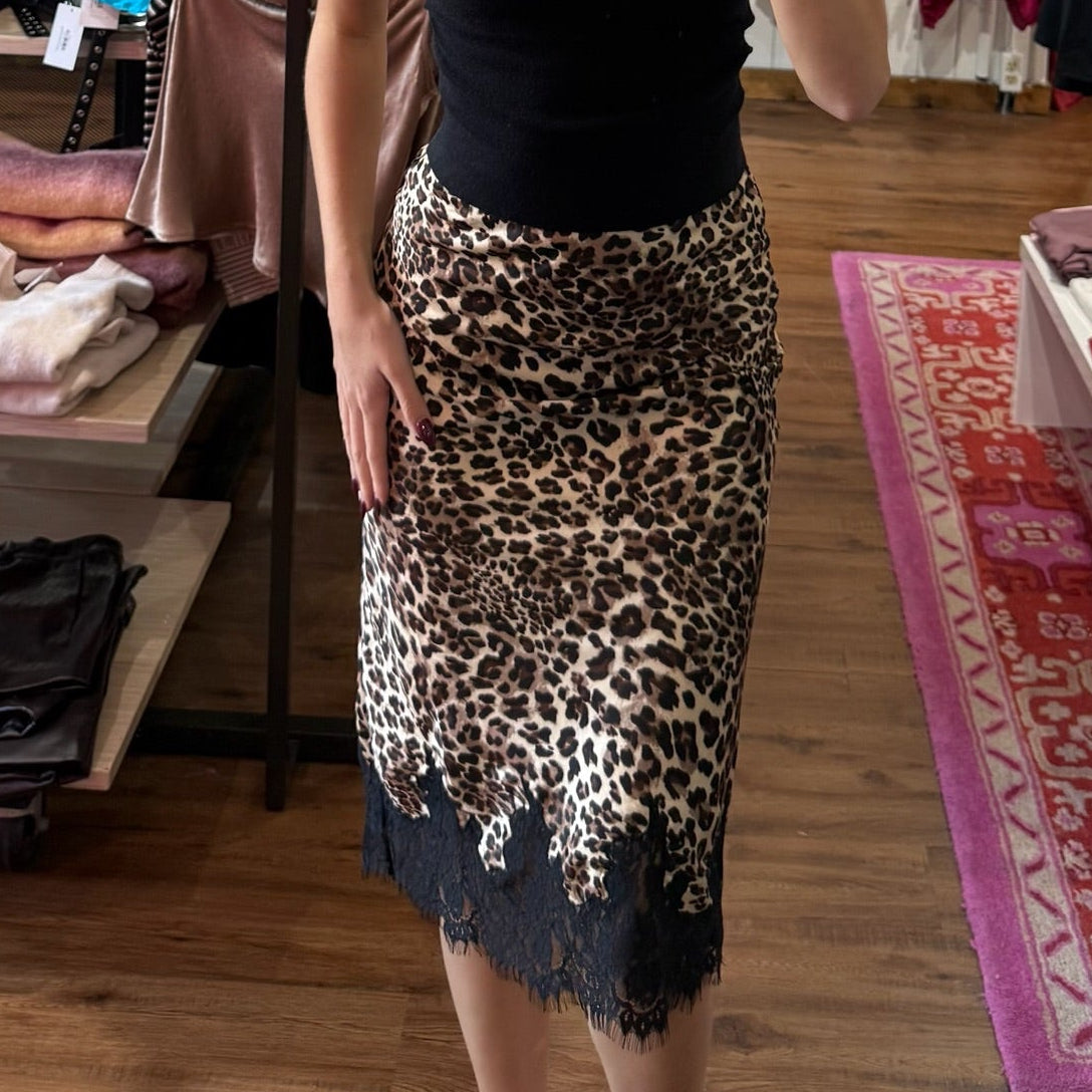 Nicki Leopard Lace Detail Satin Midi Skirt
