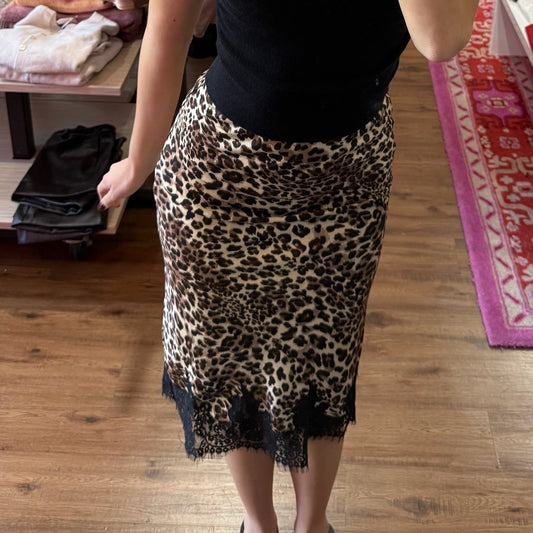 Nicki Leopard Lace Detail Satin Midi Skirt
