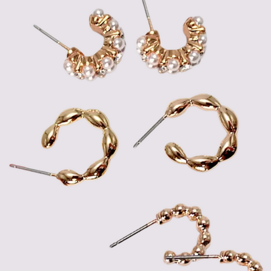 Trio Pearl Link Bean Huggie Hoop Earrings